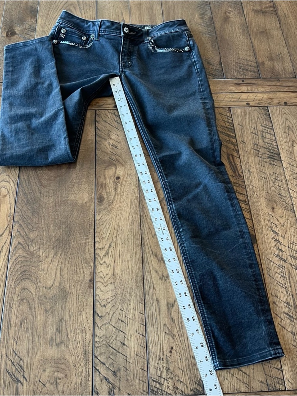 Miss Me Skinny Bling Jeans Women’s 29 Low Rise Faded Black Stretch 30” Inseam - Picture 12 of 14